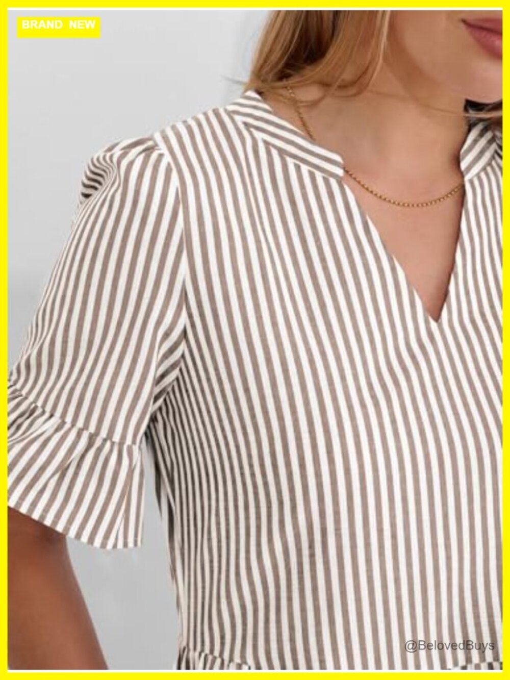 Striped V Neck Ruffle Sleeve A Line Tiered Flowy Mini Dress with Pockets - Picture 6 of 7
